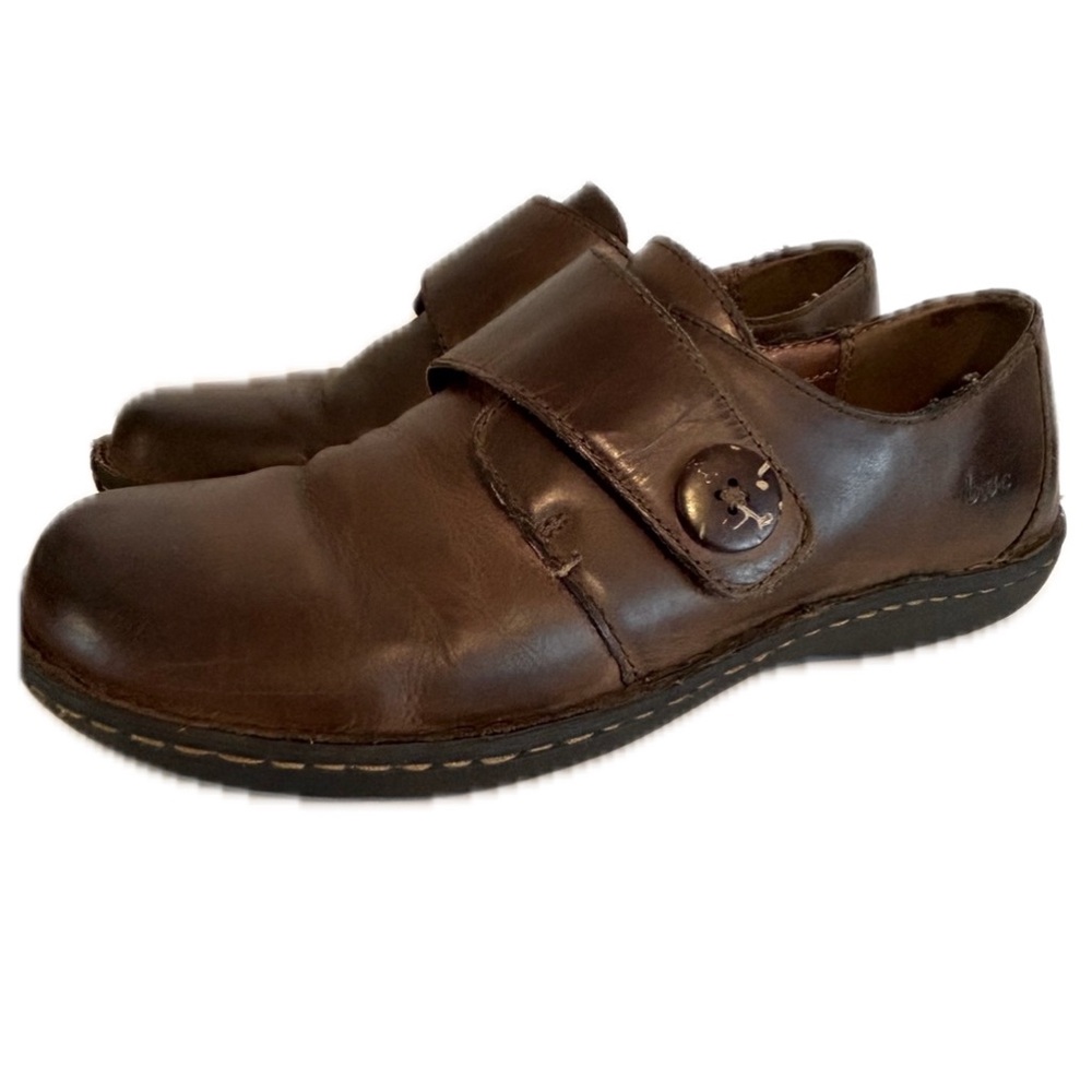 b.o.c brown genuine leather loafer shoes button velcro size 8 casual comfy work